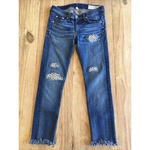 Rag & Bone The SKINNY Crochet-Patch Lace Denim Jeans Medium Wash Women 27 28x24